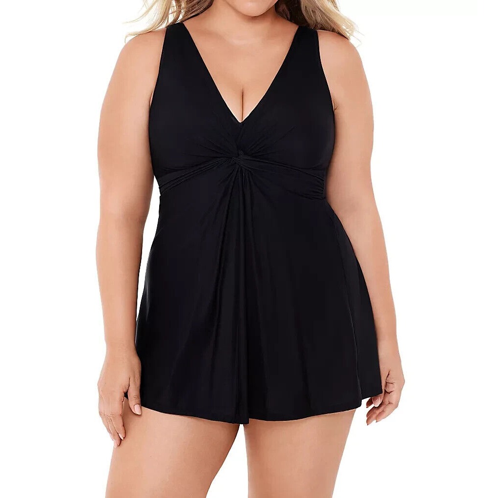 Miraclesuit Marais Allover Slimming Twist Front Swim Dress Black Plus Sz 18w
